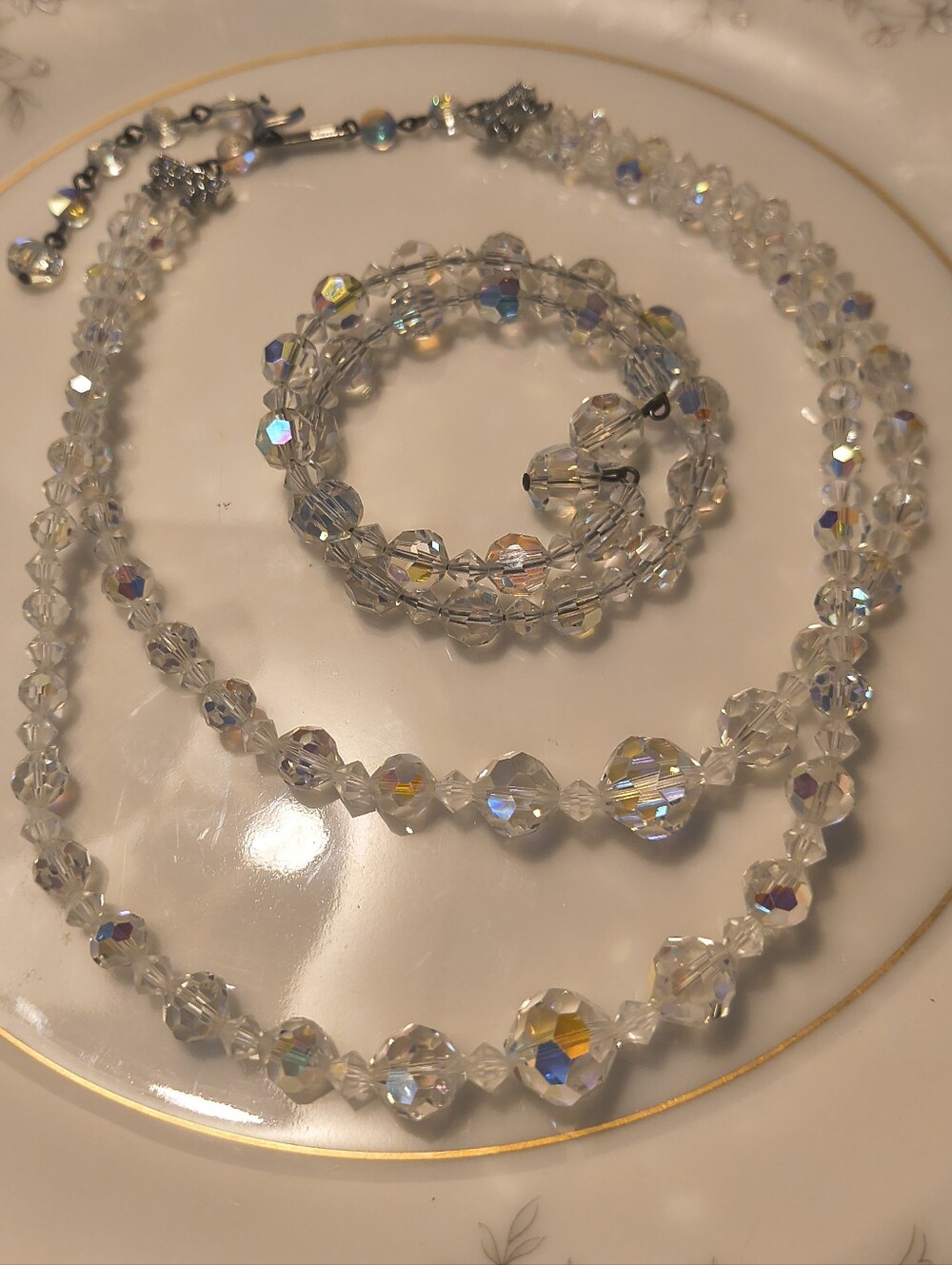 Vtg MCM 2 Strands Graduated Clear AB Crystal Beads Necklace & Bracelet Set